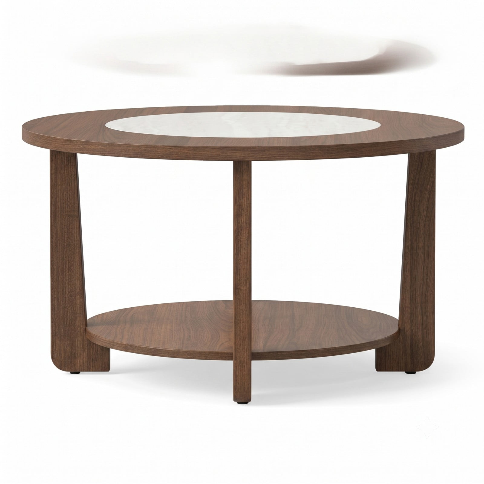 Furnibear Farmhouse Round Coffee Table, 2-Tier Accent Center Table with 2-Tone Tabletop and Open Storage Shelf, Solid Rubber Wood Legs, Round Cocktail Table for, Brown