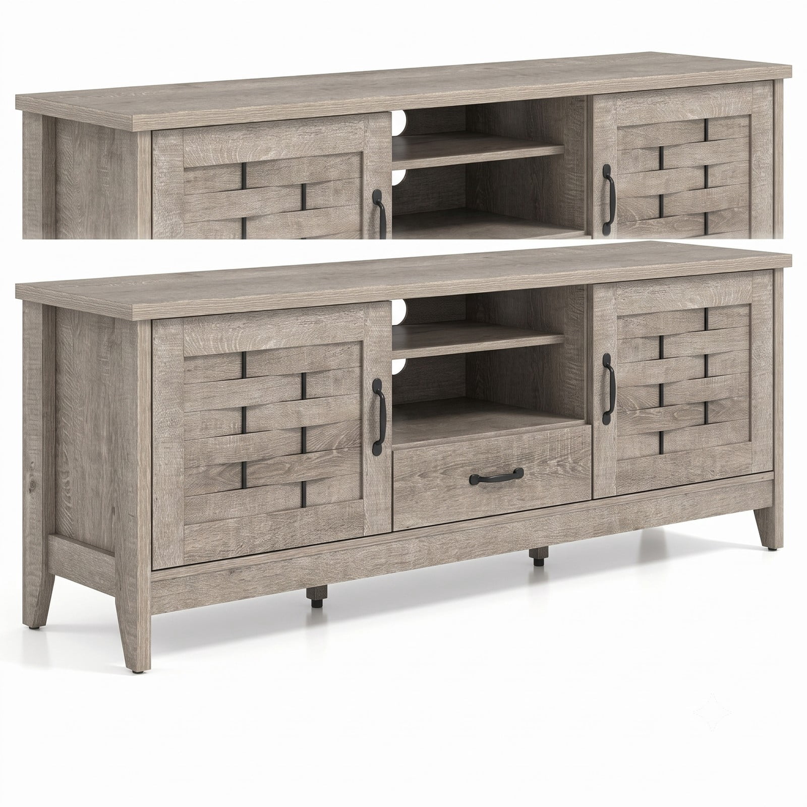 Furnibear Farmhouse TV Stand for 65 Inch TVs, Wood Entertainment Center with 2 Woven Accent Doors, 3 Adjustable Shelves and Drawer, Media Console Table for, Rustic Oak