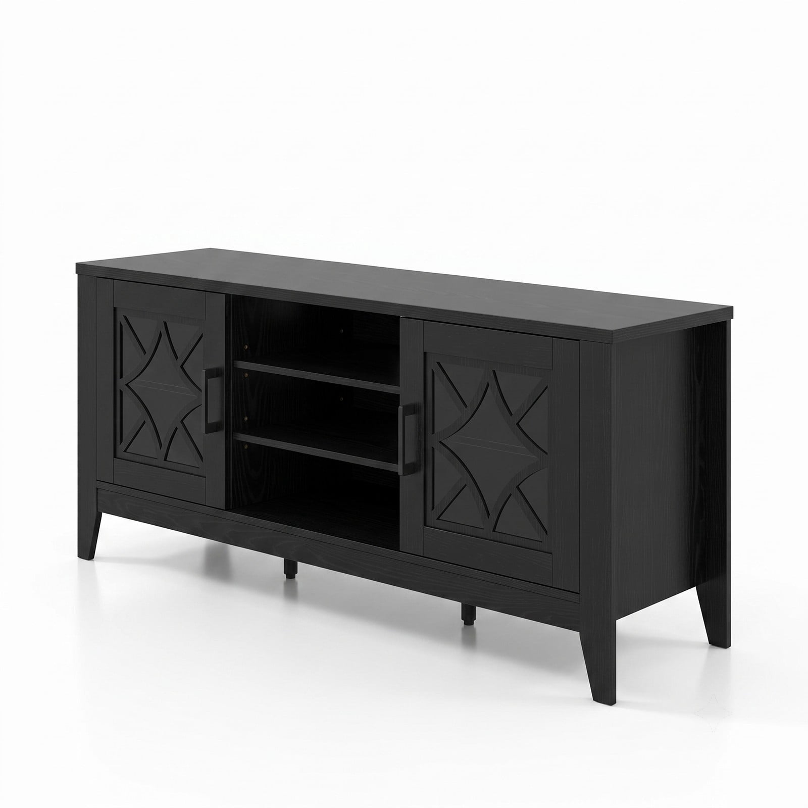 Furnibear Farmhouse TV Stand for TVs Up to 65 Inches, Entertainment Center with 4 Adjustable Shelves, Glass Door Cabinets and Cable Management, Media Console, Black