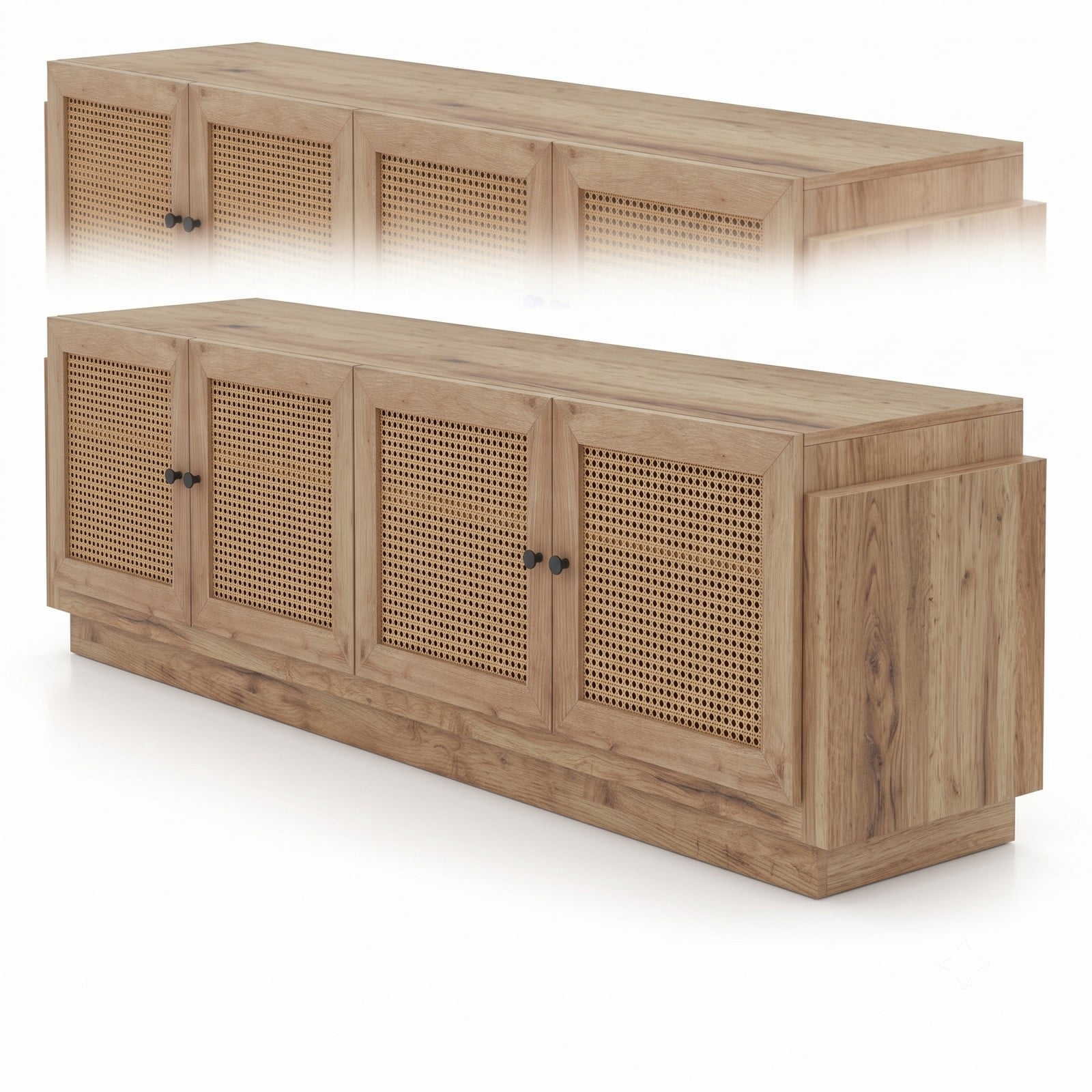 Furnibear Farmhouse TV Stand for TVs up to 75 Inches, 70 Inch Entertainment Center with PE Rattan Cabinet Doors and Adjustable Shelves, Rattan Media Console for, Oak