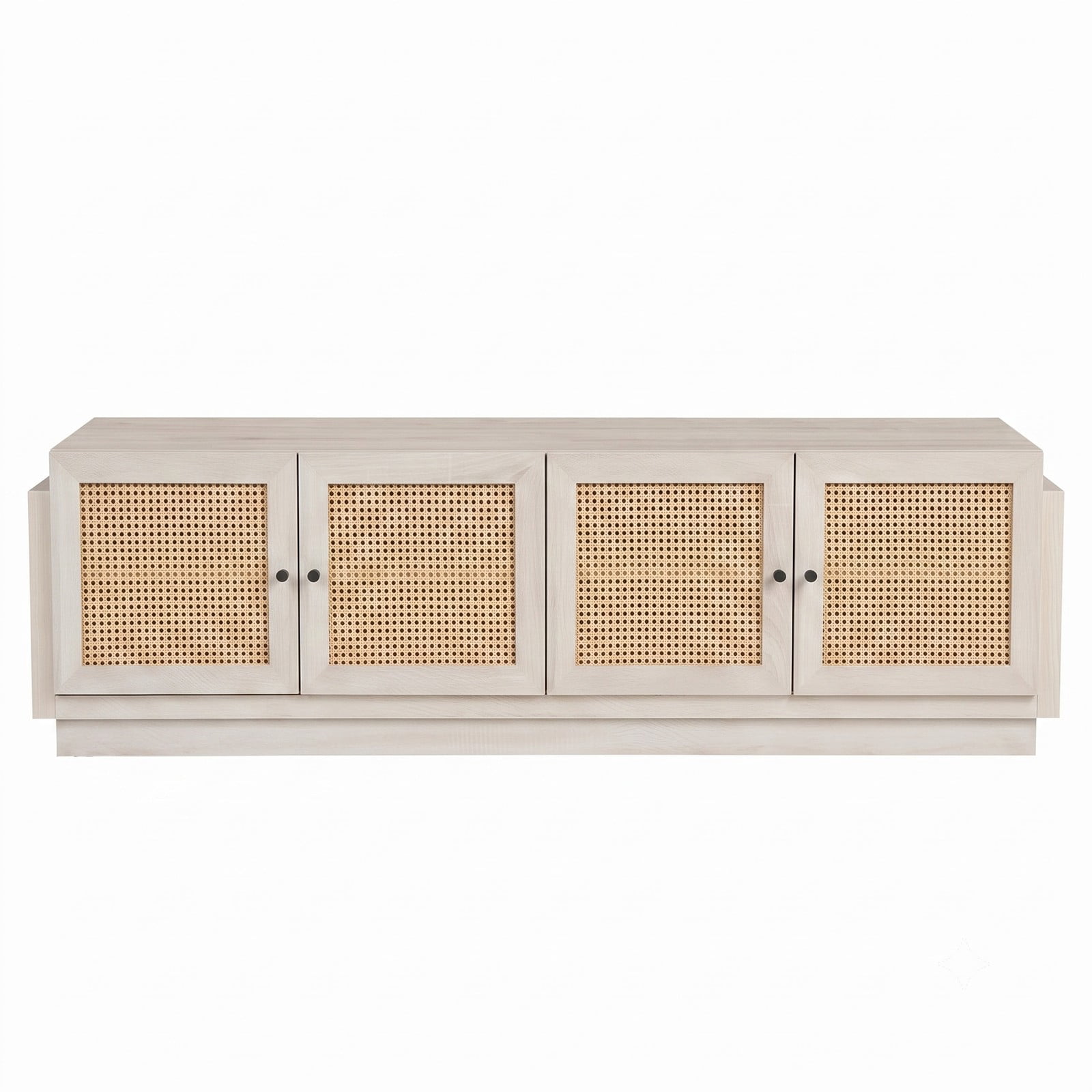Furnibear Farmhouse TV Stand for TVs up to 75 Inches, 70 Inch Entertainment Center with PE Rattan Cabinet Doors and Adjustable Shelves, Rattan Media Console for, White