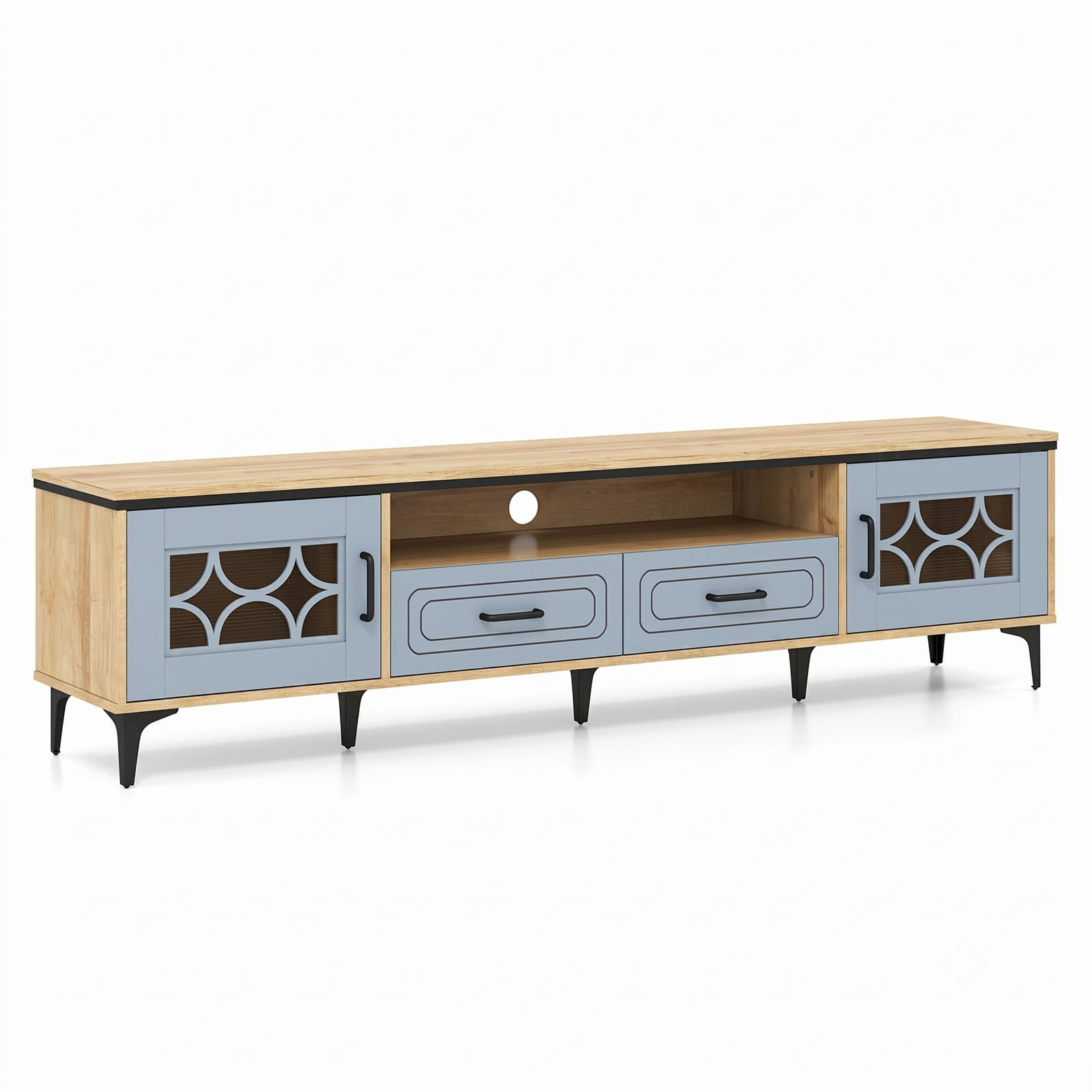 Furnibear Farmhouse TV Stand for TVs up to 80 Inch, 71 Inch Entertainment Center with 2 Drawers, 2 Cabinets & Open Storage Shelf, Wood Media Console, Oak and Gray