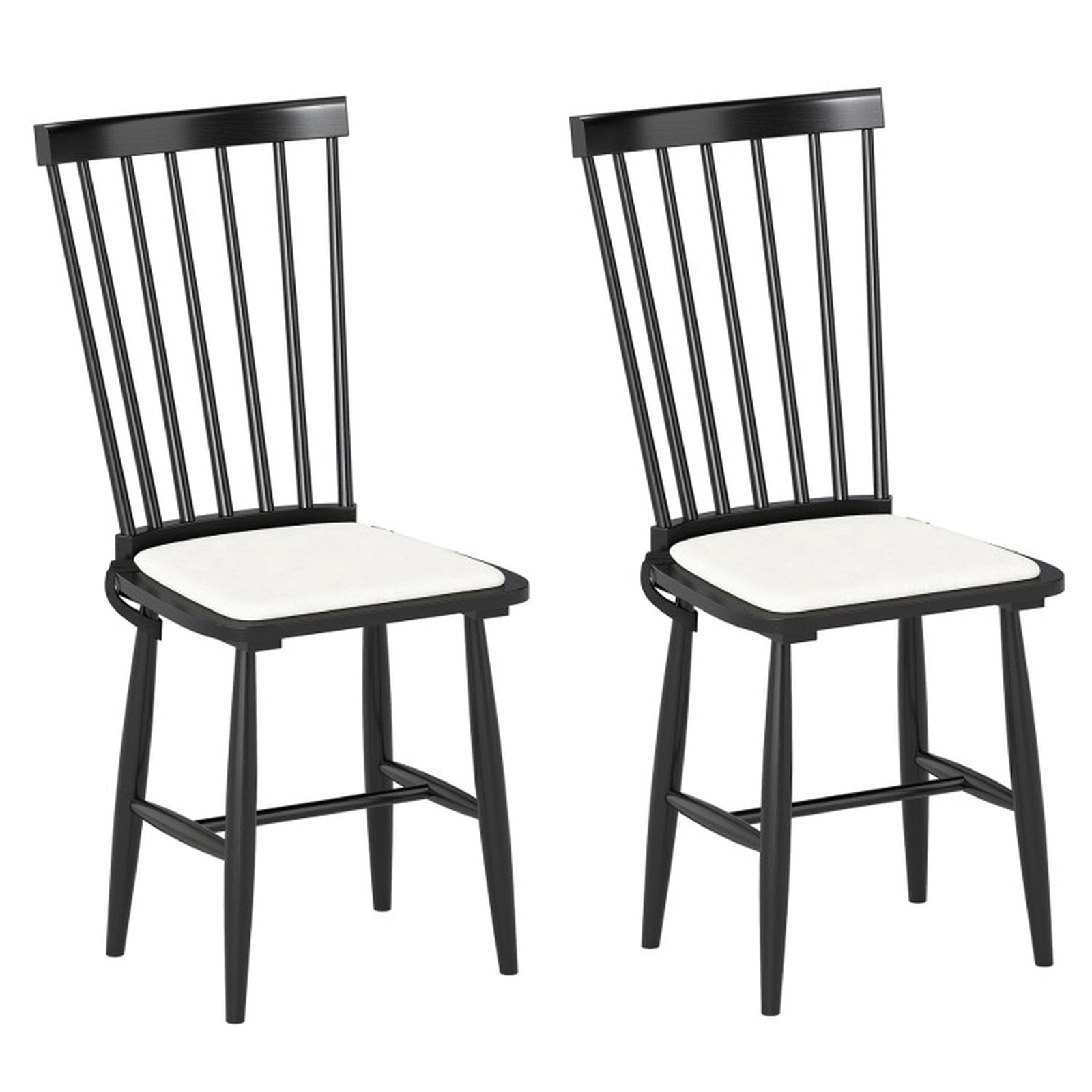 Furnibear Farmhouse Windsor Dining Chairs Set of 2 with Removable Linen Cushion and Solid Rubber Wood Frame for Kitchen and Dining Room, Black