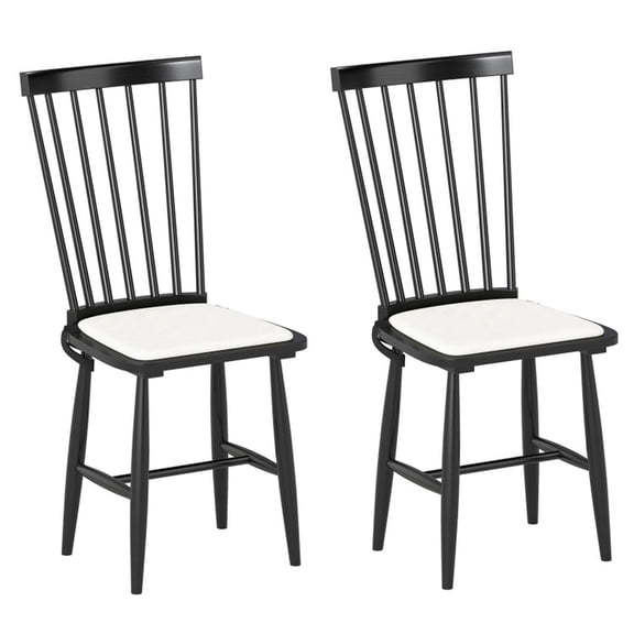 Furnibear Farmhouse Windsor Dining Chairs Set of 2 with Removable Linen Cushion and Solid Rubber Wood Frame for Kitchen and Dining Room, Black