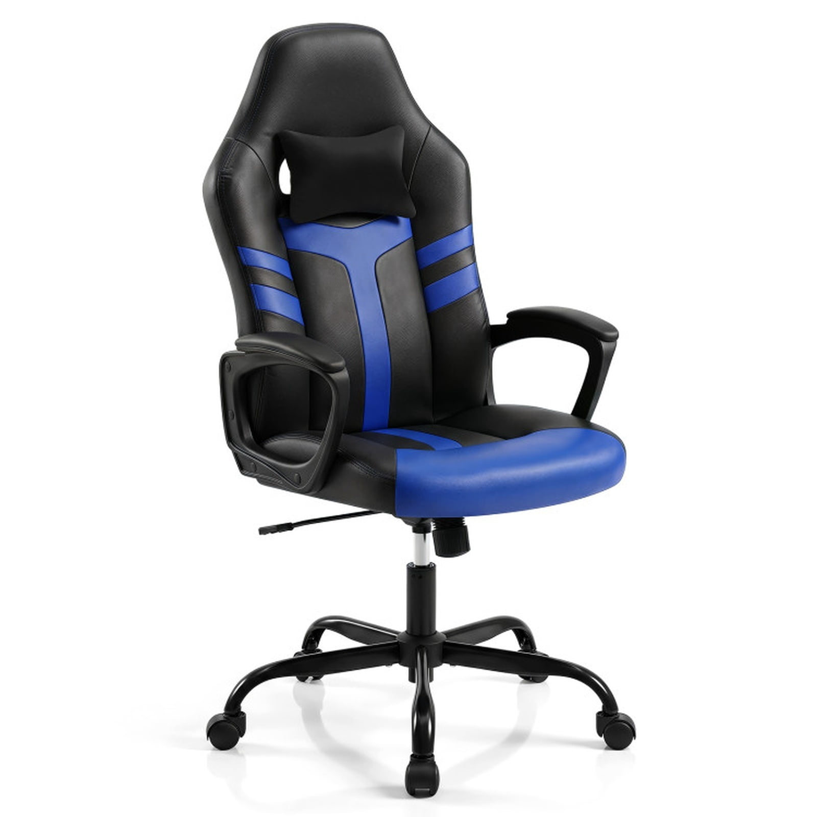 Furnibear Faux Leather Office Chair with Removable Head Pillow, Ergonomic High Back Rocking Desk Chair with Padded Armrest and Casters, Blue