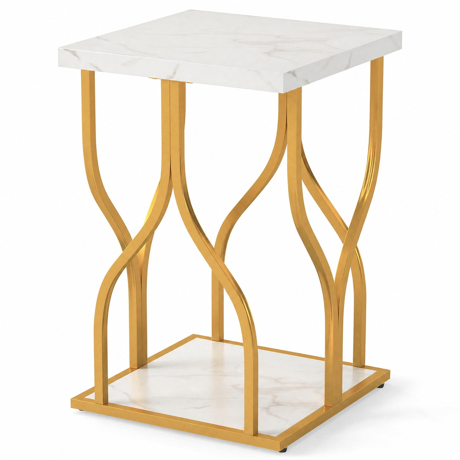 Furnibear Faux Marble Bedside Night Stand with Petal-Inspired Metal Frame for Bedroom Living Room Bedside Sofa Side Small Space, White