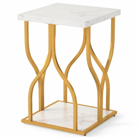 Furnibear Faux Marble Bedside Night Stand with Petal-Inspired Metal Frame for Bedroom Living Room Bedside Sofa Side Small Space, White
