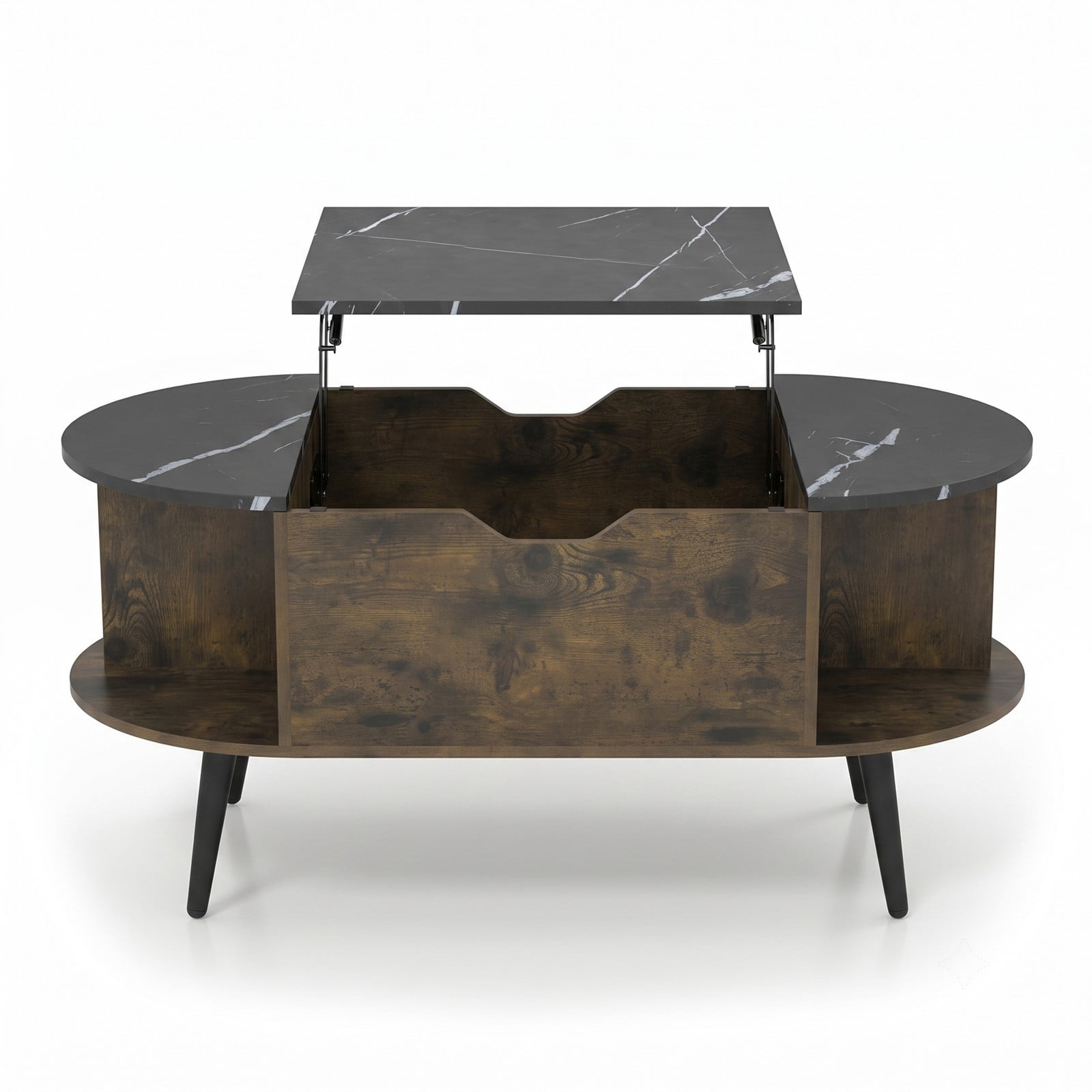 Furnibear Faux Marble Lift Top Coffee Table with Hidden Compartment and Side Shelves, 2-in-1 Rectangle Center Table for Living Room, Engineered Wood & Metal, Black