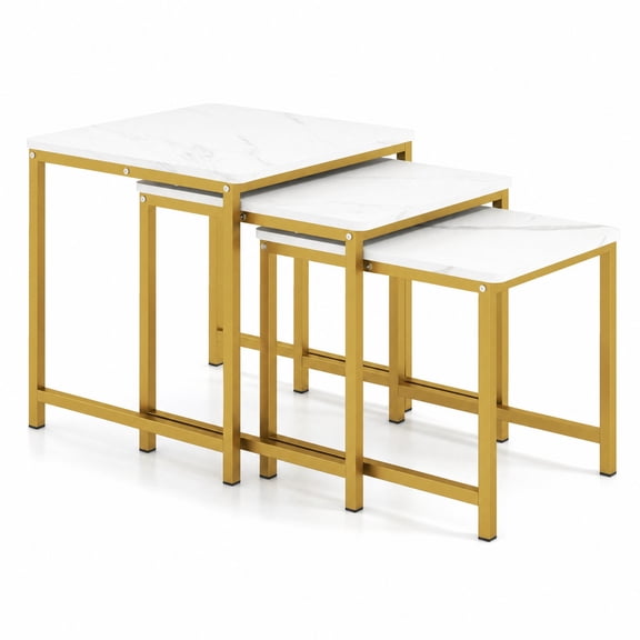 Furnibear Faux Marble Nesting Table Set of 3 with Golden Metal Frame Stackable Side End Tables for Living Room and Bedroom, White