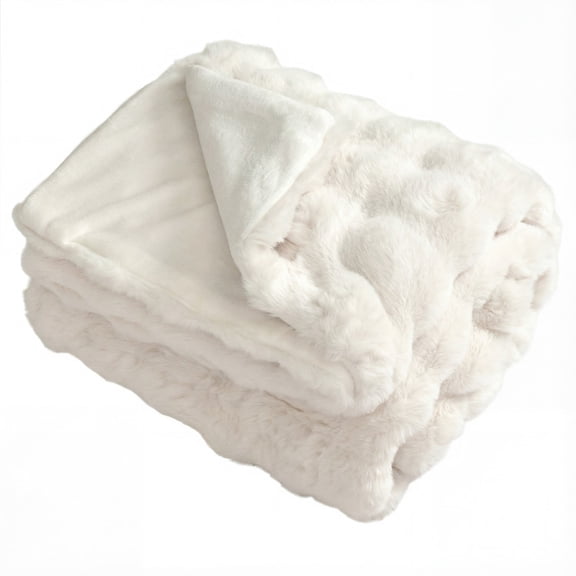 Furnibear Faux Rabbit Fur Bubble Throw Blanket for Bed and Armchair, Soft Plush Fuzzy Luxury Fur Blanket Warm Cozy Decorative Throw, White