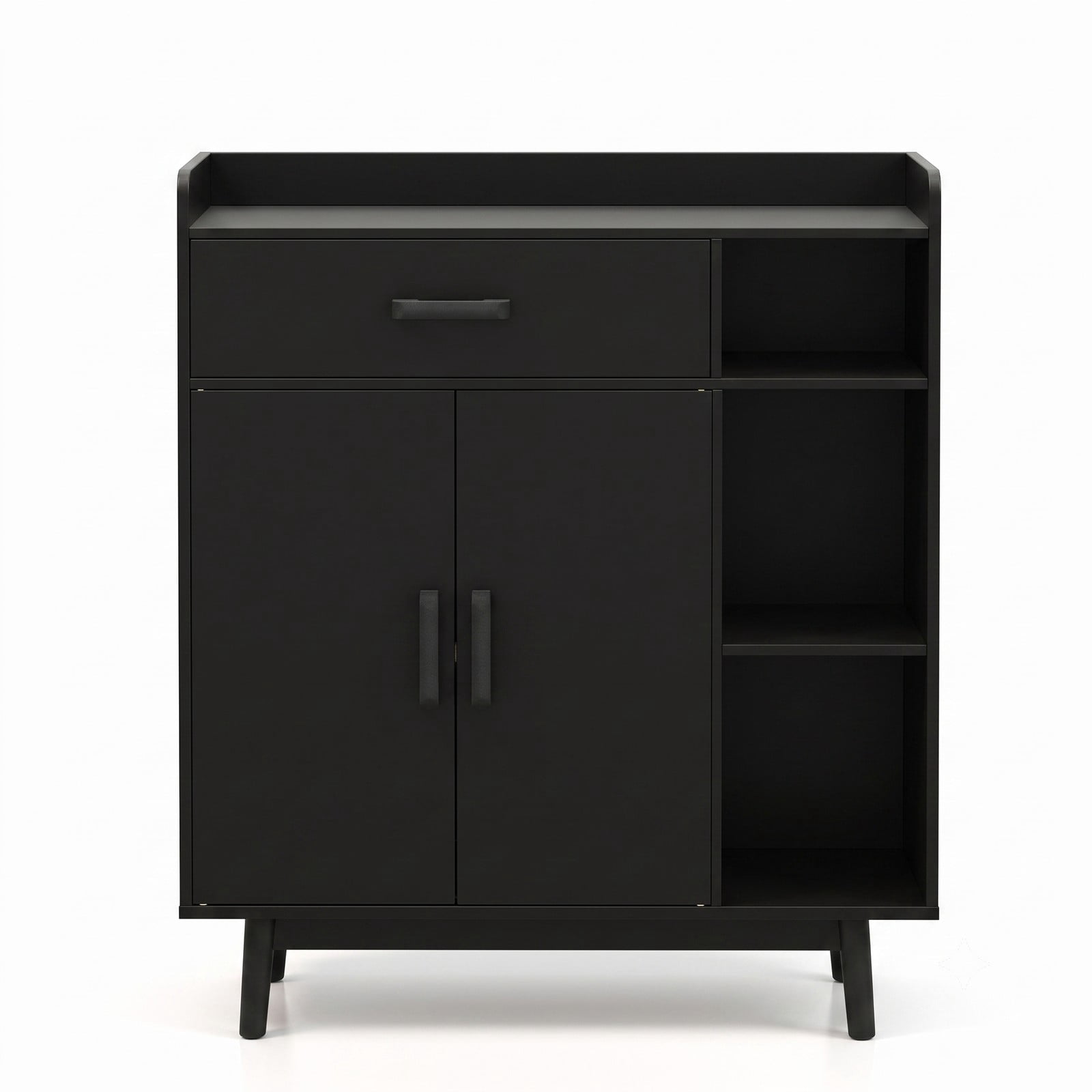 Furnibear Floor Storage Cabinet Free Standing Cupboard Chest with Drawer, Double-Door Cabinet, Adjustable Shelf and 3 Open Display Shelves for Living Room, Black