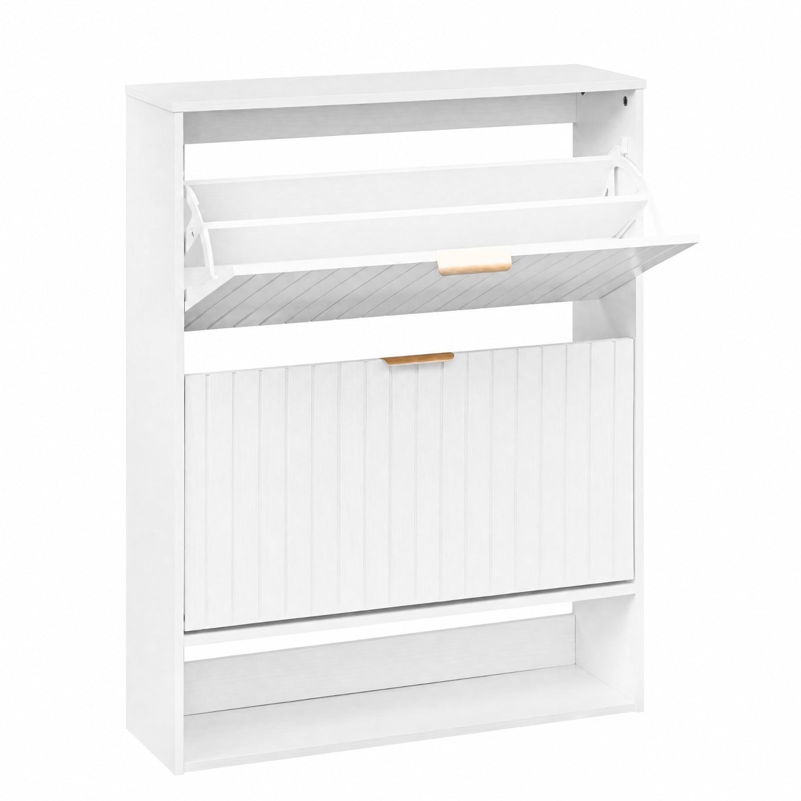Furnibear Fluted Hidden Shoe Cabinet with 2 Flip Drawers and Open Storage for Entryway Hallway and Foyer Narrow Shoe Storage Organizer, White