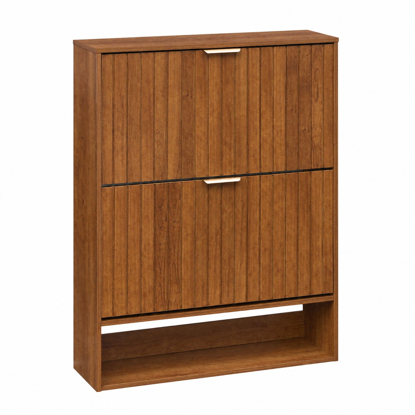 Furnibear Fluted Hidden Shoe Cabinet with 2 Flip Drawers and Open Storage for Narrow Entryway Hallway and Foyer Spaces, Walnut