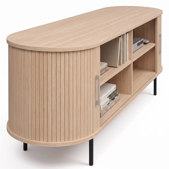Furnibear Fluted TV Stand for TVs up to 60 Inches with Curved Mid Century Profile and Open Media Storage Shelves, Natural