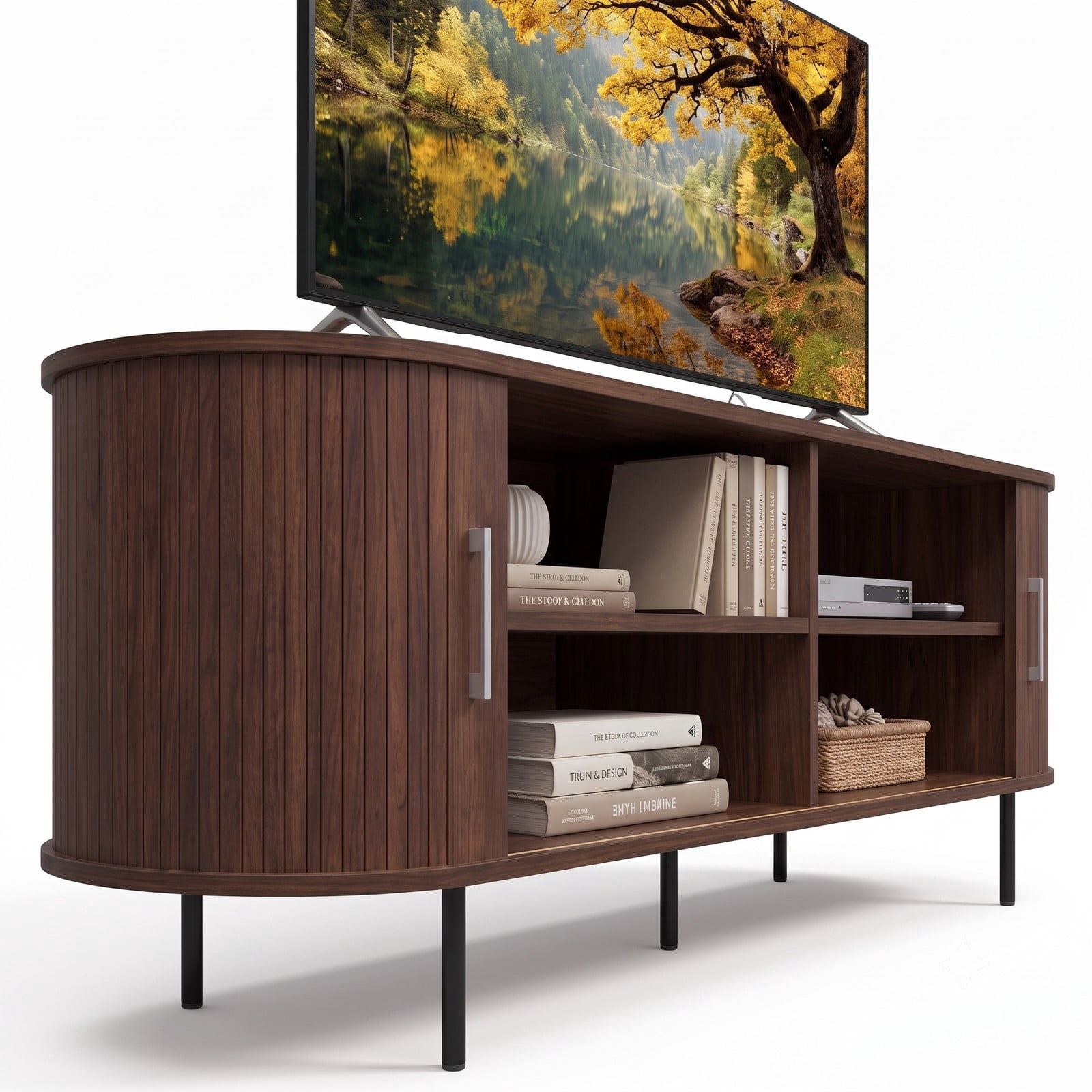 Furnibear Fluted TV Stand for TVs up to 60 Inch, Mid Century Modern Curved Entertainment Center with Open Storage Shelves, Wood Media Console Table for Living, Walnut