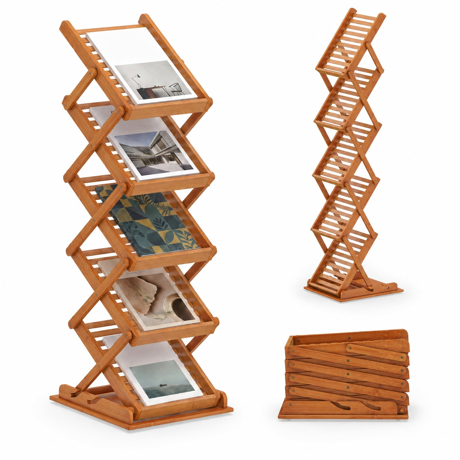Furnibear Foldable Bamboo Magazine Rack with 2 Adjustable Positions for Living Room Home Office Bedroom Display Storage Shelf, Walnut