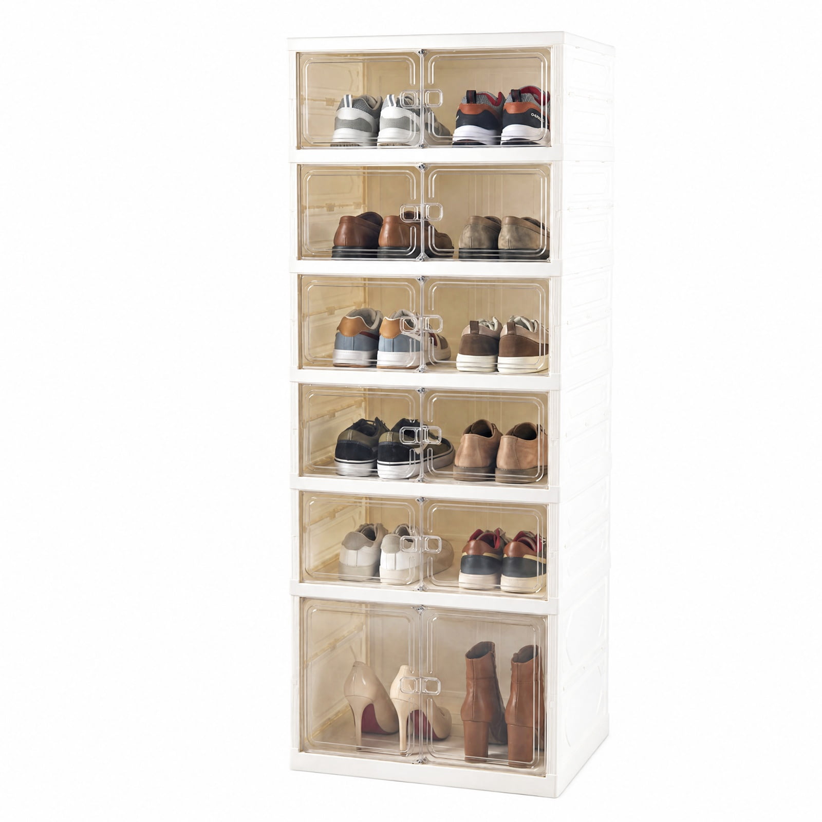 Furnibear Foldable Shoe Rack Organizer 12 Pair 6 Tier Collapsible Shoe Cabinet with See Through Doors for Closet and Entryway, White