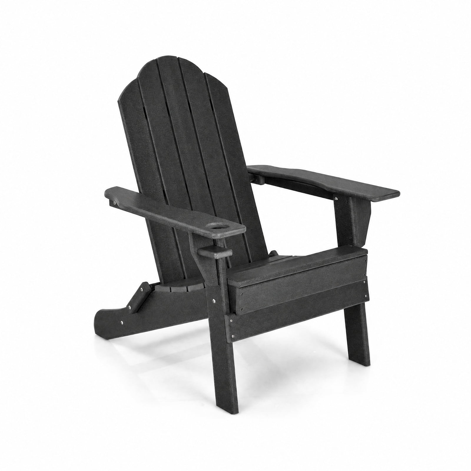 Furnibear Foldable Weather Resistant Adirondack Patio Chair with Built-In Cup Holder and Wide Armrests for Porch Backyard and Poolside, Black