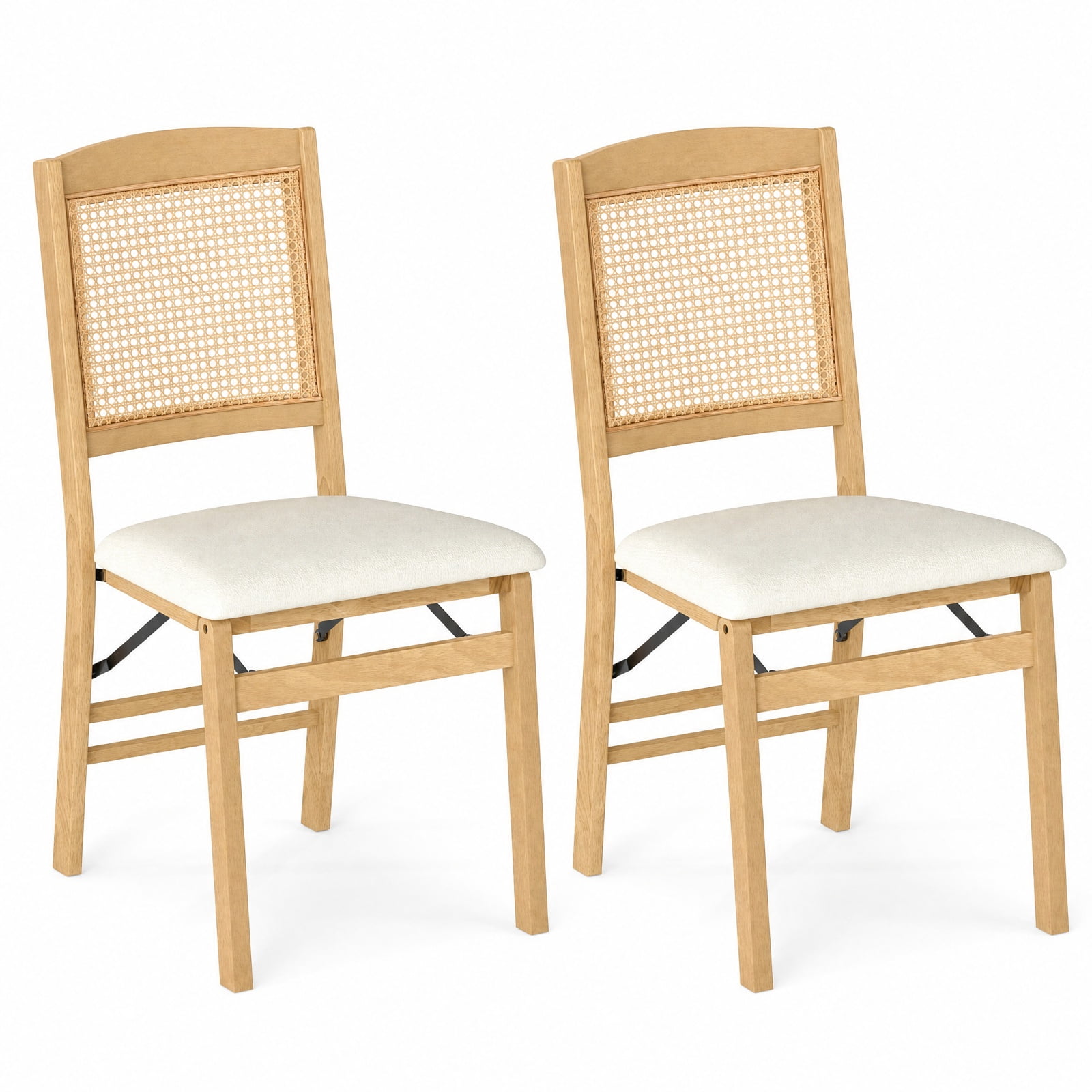 Furnibear Folding Dining Chairs Set of 2 Rubber Wood Chairs with Linen Padded Seat for Kitchen Dining Room Living Room Home, Natural
