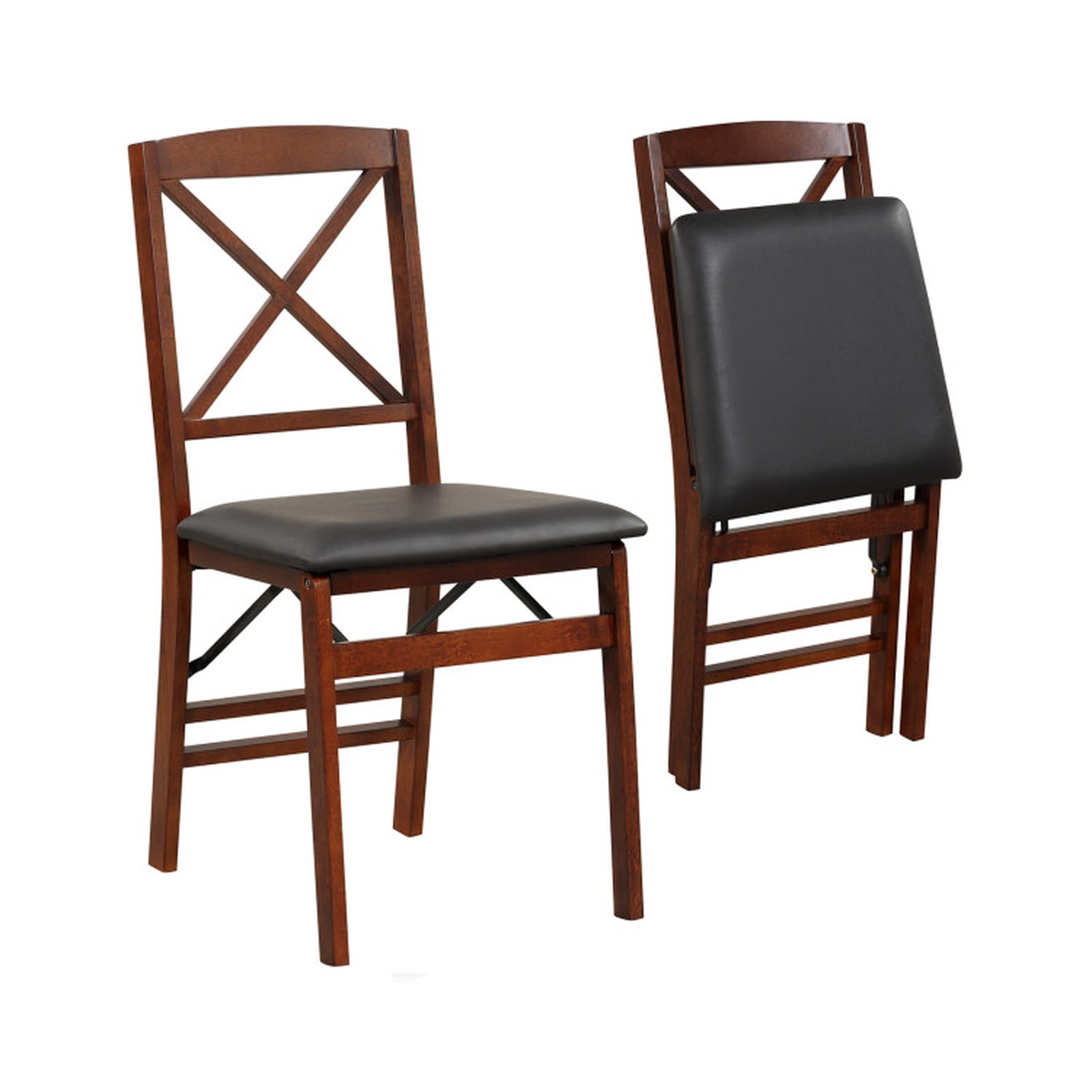 Furnibear Folding Dining Chairs Set of 2 with High Backrest and Padded Faux Leather Seat on Solid Rubber Wood Frame for Kitchen, Brown