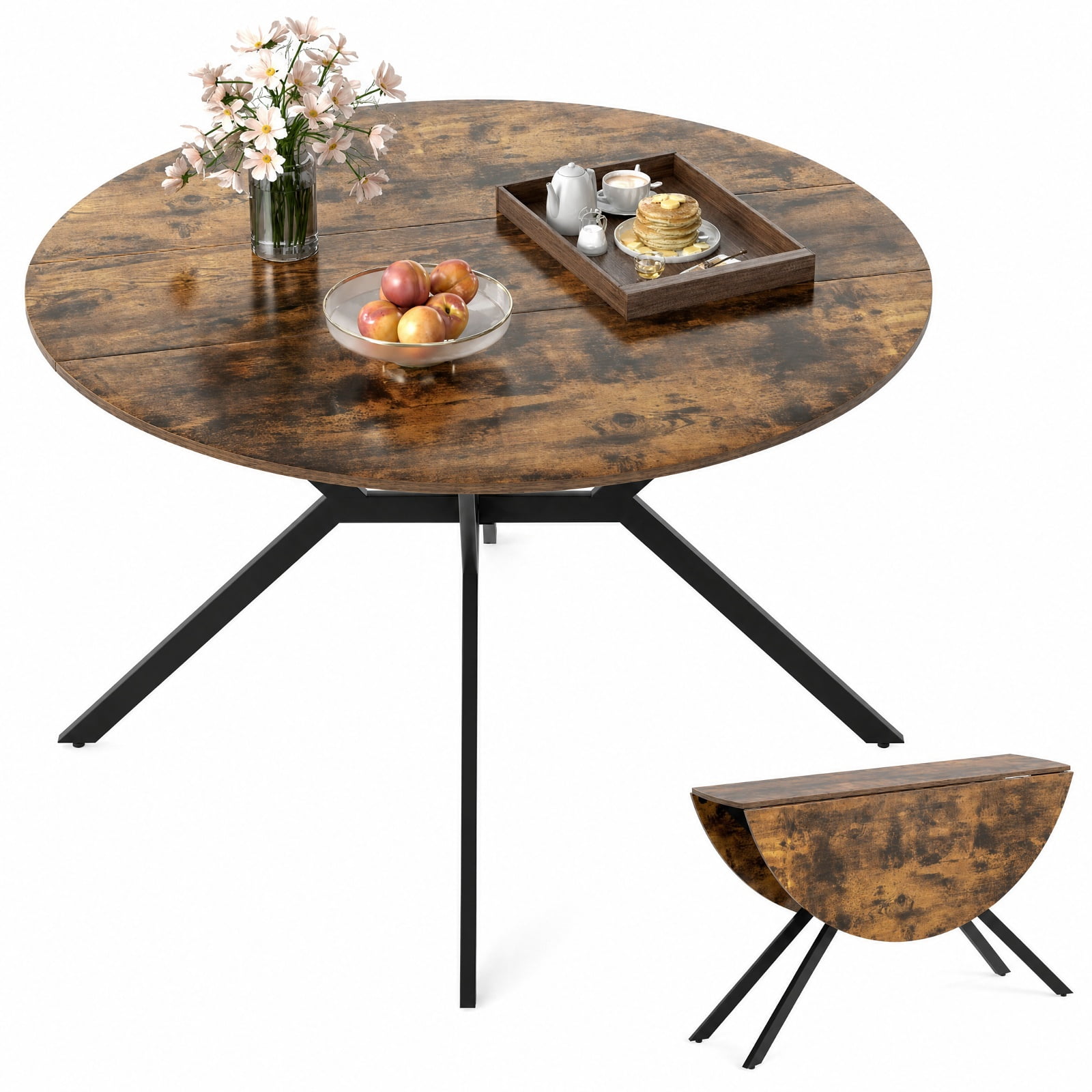 Furnibear Folding Dining Table 47 Inch Extendable Round Kitchen Table with Drop Leaves for Kitchen Dining Room Breakfast Nook Small, Rustic Brown