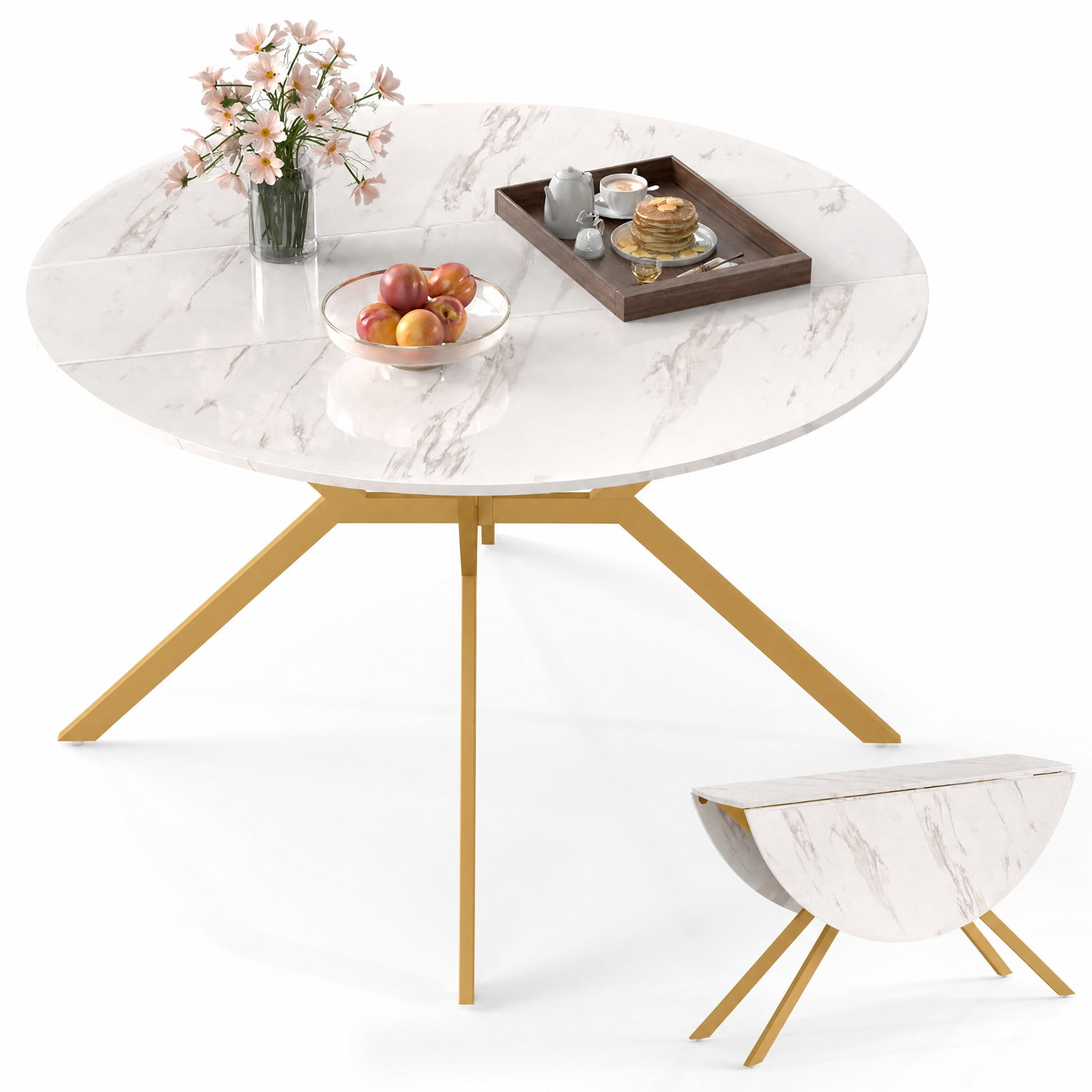 Furnibear Folding Dining Table 47 Inch Extendable Round Kitchen Table with Drop Leaves for Kitchen Dining Room Breakfast Nook Small Space Home, White