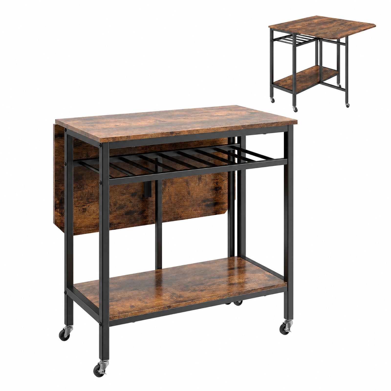 Furnibear Folding Dining Table with Expandable Laptop with Wine Rack and Wheels for Kitchen Dining Room Breakfast Nook Small Space Home, Rustic Brown