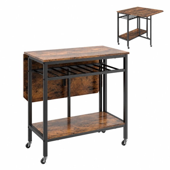 Furnibear Folding Dining Table with Expandable Laptop with Wine Rack and Wheels for Kitchen Dining Room Breakfast Nook Small Space Home, Rustic Brown