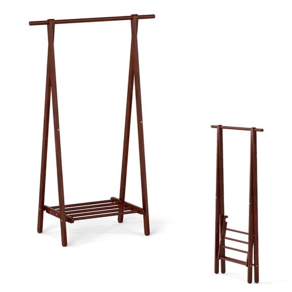 Furnibear Folding Garment Rack with Bottom Storage Shelf, Rubber Wood Clothes Rack Freestanding Coat Hanging Rack for Bedroom Laundry, Walnut