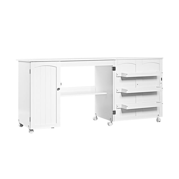 Furnibear Folding Large Sewing Table, White Desk with Storage, Computer Desk, Office Desk for Home, Bedroom, Living Room