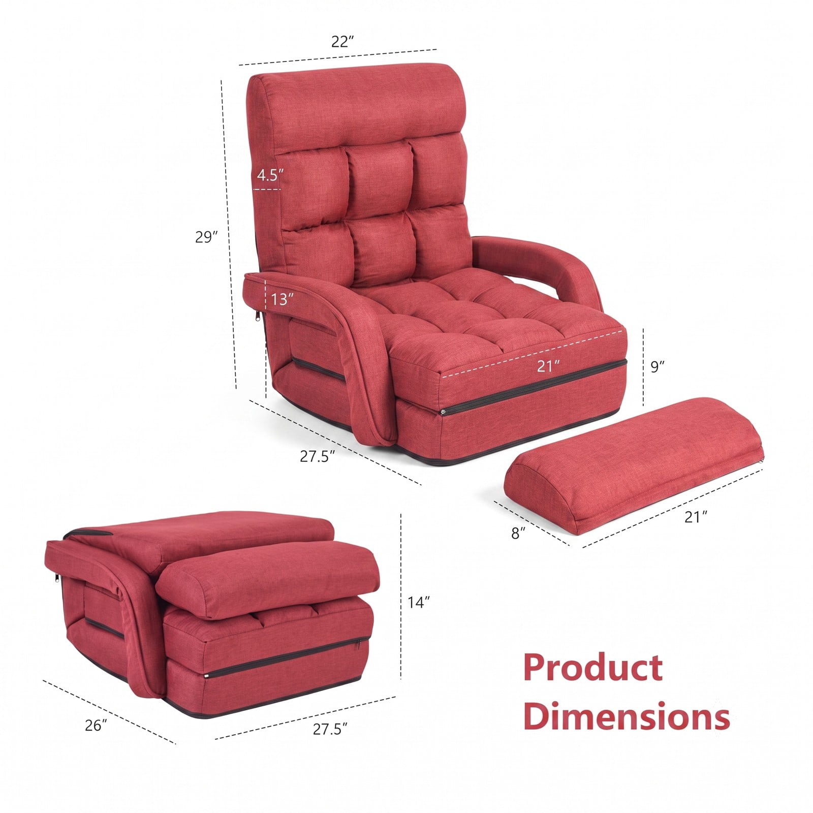Furnibear Folding Lazy Floor Chair Sofa with Armrests and Lumbar Pillow, 6-Position Adjustable Padded Gaming Meditation Recliner for Living Room Bedroom, Red