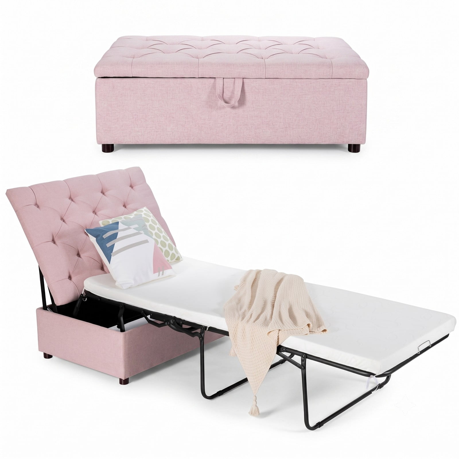 Furnibear Folding Bed Ottoman Sleeper with Mattress and Padded Storage Stool, Rollaway Bed Frame for Guest Room Office and Nap, Pink