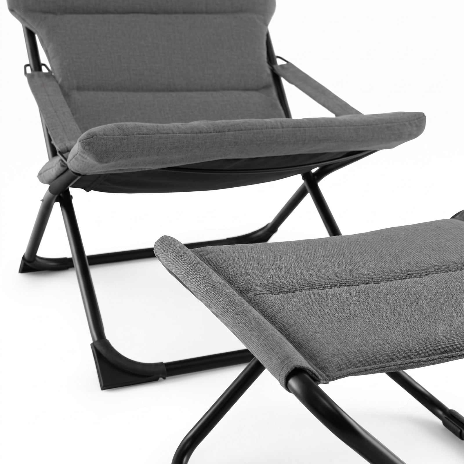 Furnibear Folding Padded Sling Chair with Ottoman Footrest and Removable Cushion for Outdoor Patio and Camping Use, Gray