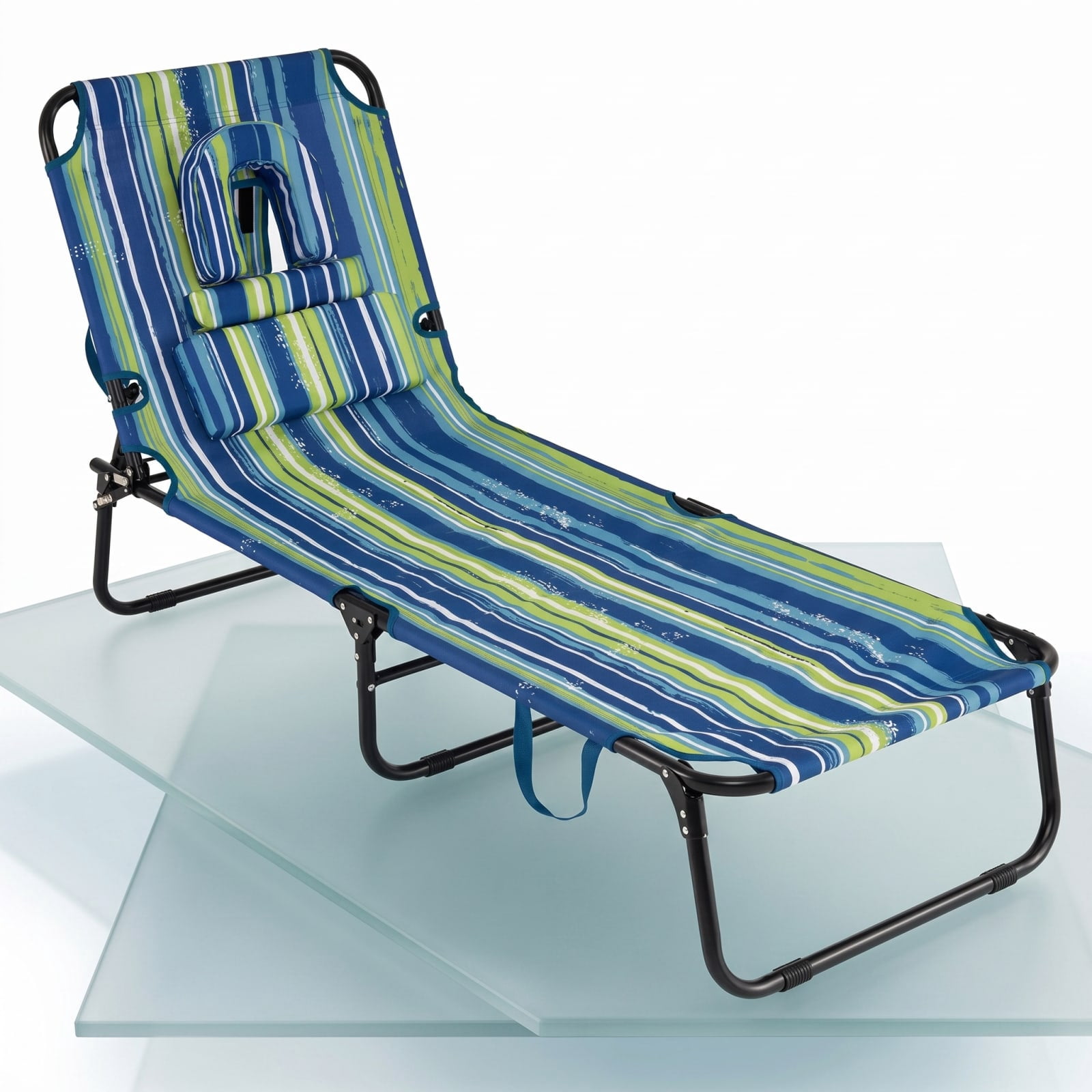 Furnibear Folding Patio Chair Solid Metal for Outdoor Garden Balcony Blue Stripe 330 lbs Capacity Weather-Resistant Outdoor Furniture