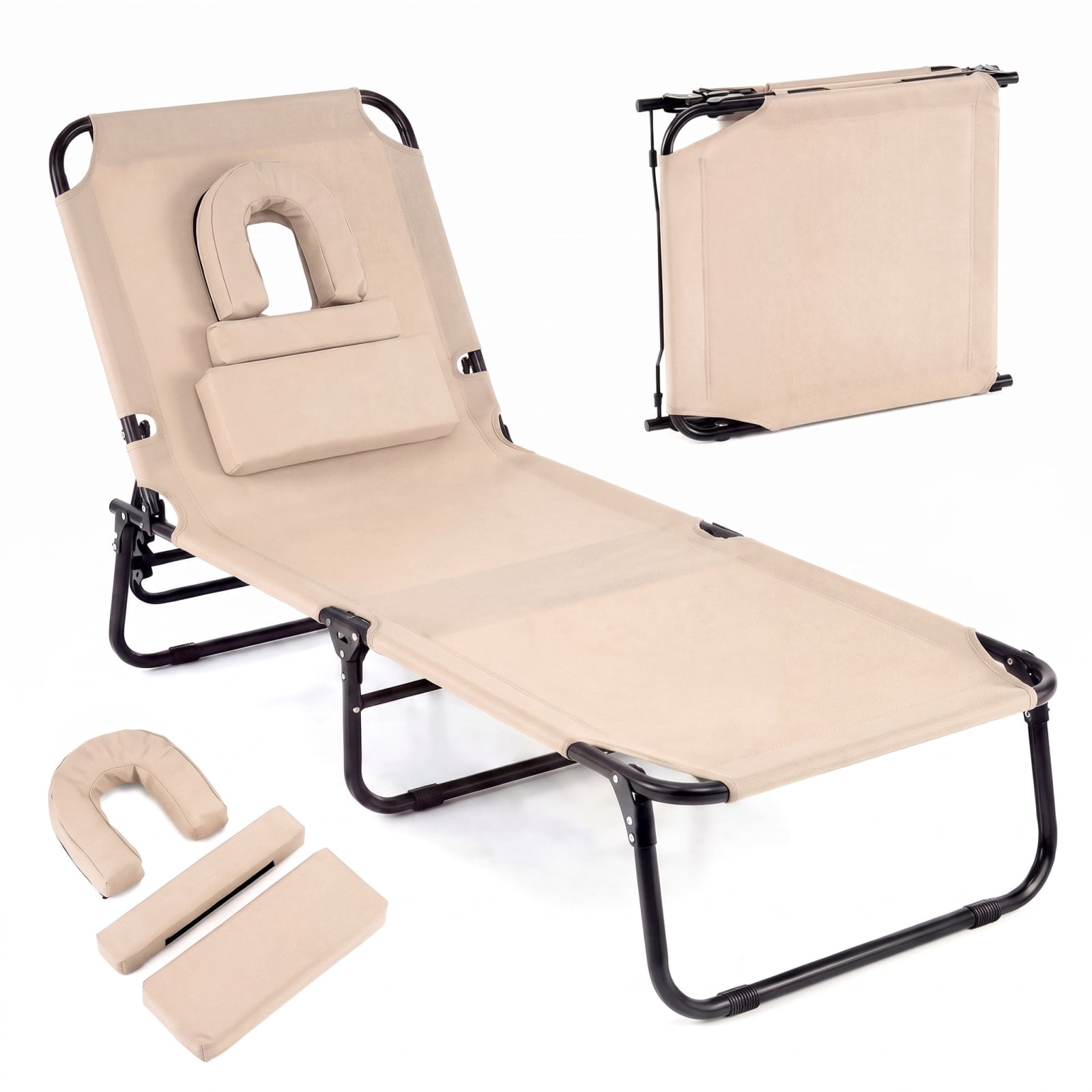 Furnibear Folding Patio Chair Solid Metal for Patio Porch Poolside Beige 330 lbs Capacity Weather-Resistant Outdoor Furniture