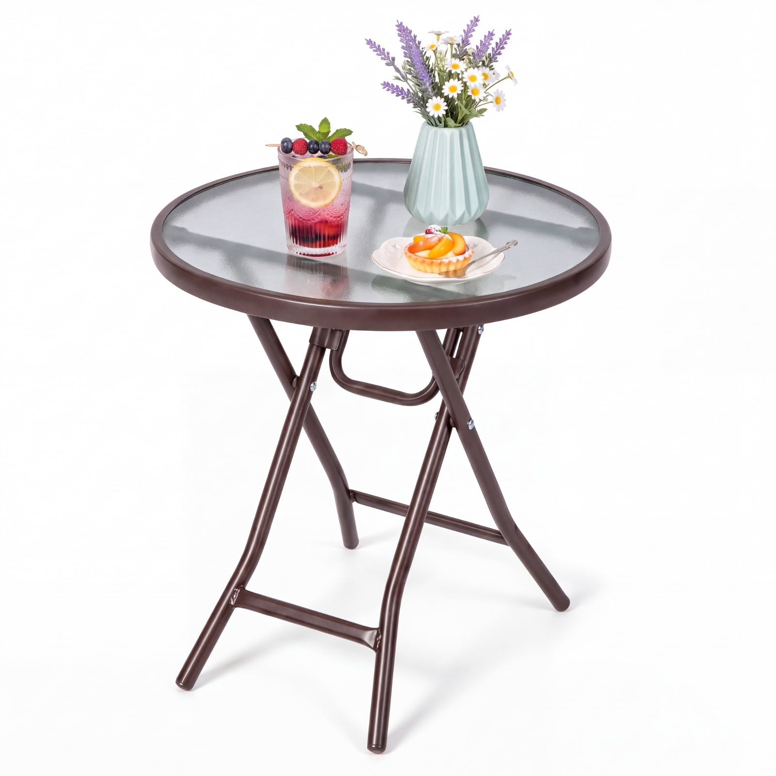 Furnibear Folding Patio Side Table with Tempered Glass Tabletop and Steel X Frame for Backyard Garden Poolside and Balcony, Black