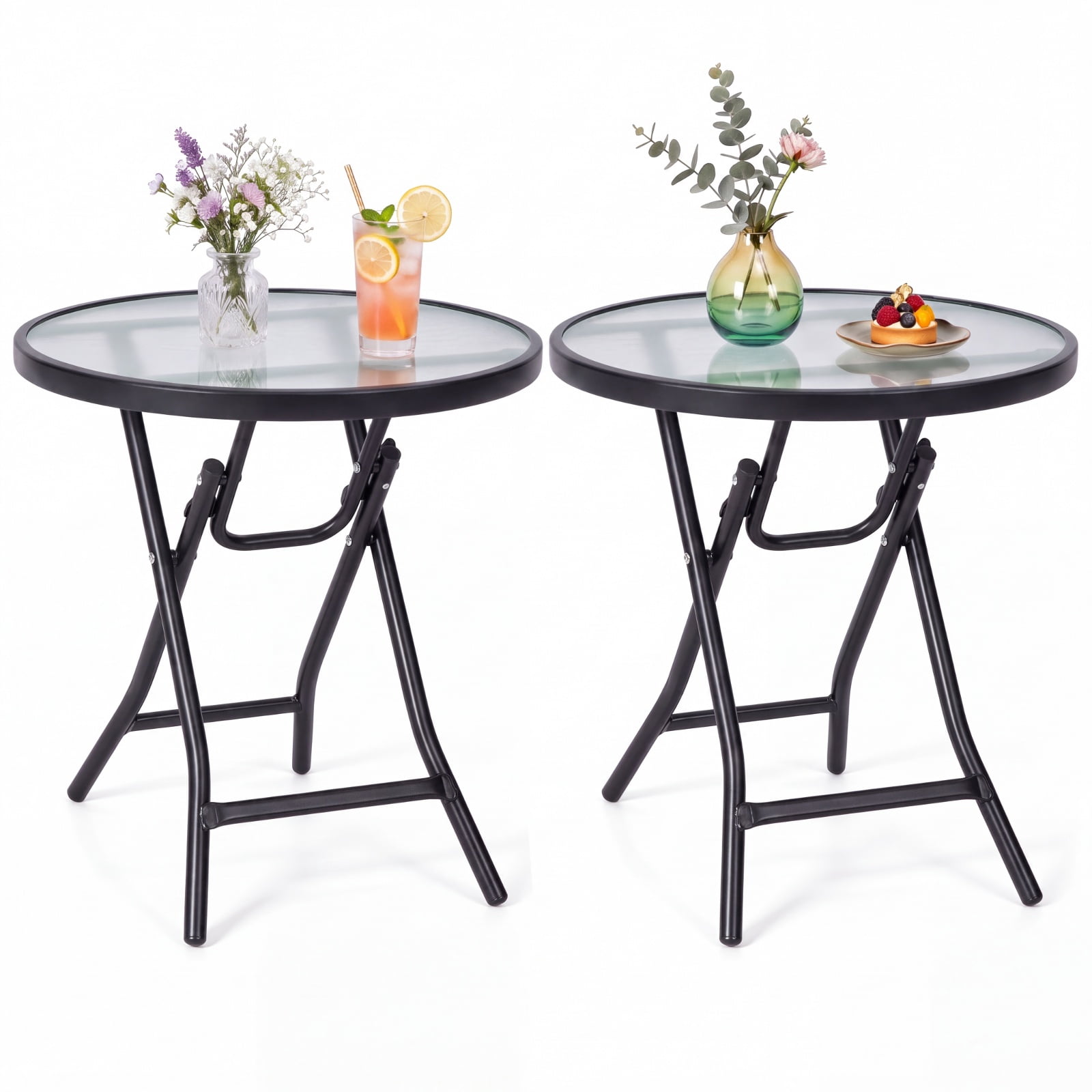 Furnibear Folding Patio Side Table with Tempered Glass Tabletop and Steel X Frame for Backyard Garden Poolside and Balcony, Black