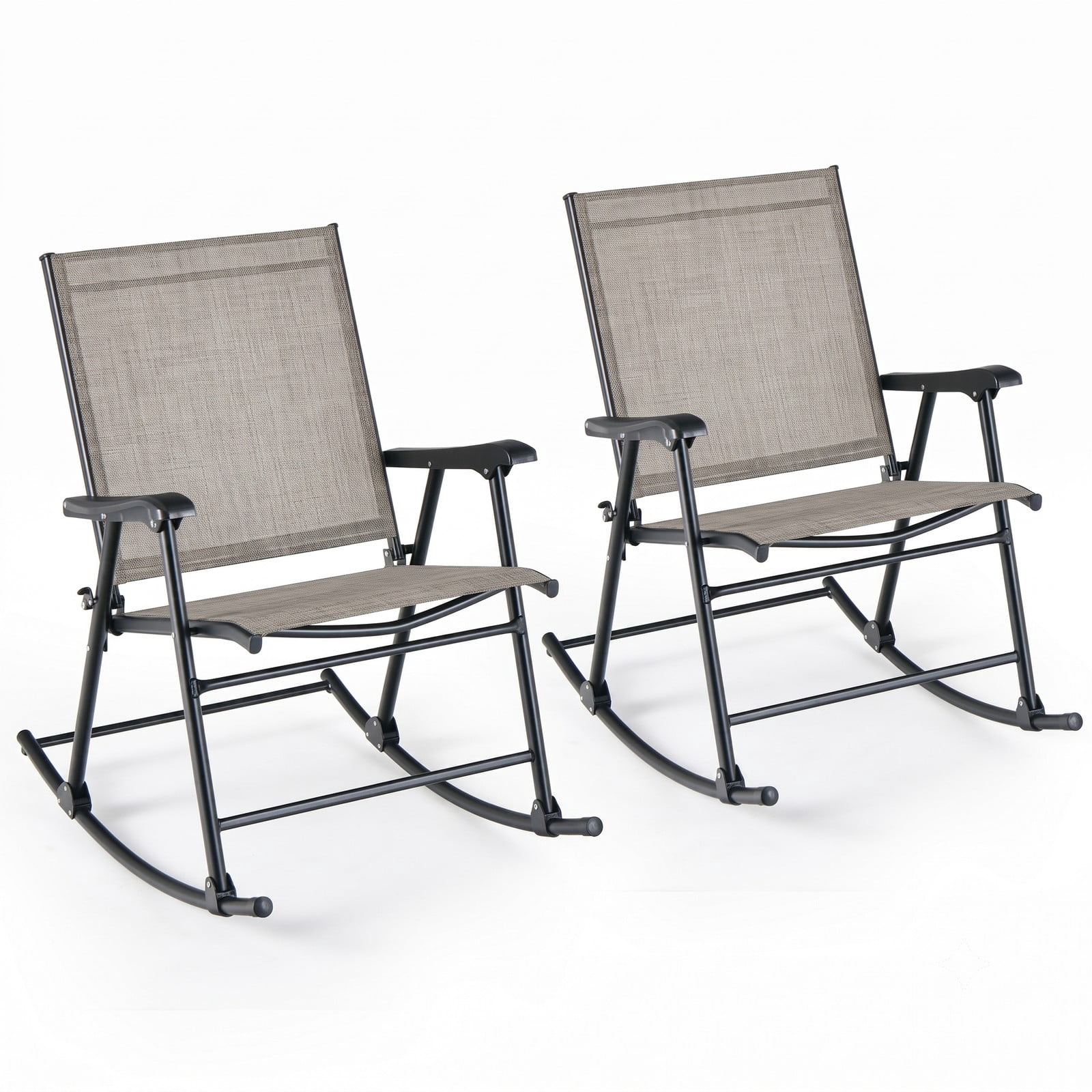 Furnibear Folding Rocking Chairs Set of 2 with Breathable Sling Seat and Heavy-Duty Metal Frame for Patio, Porch and Poolside, Brown