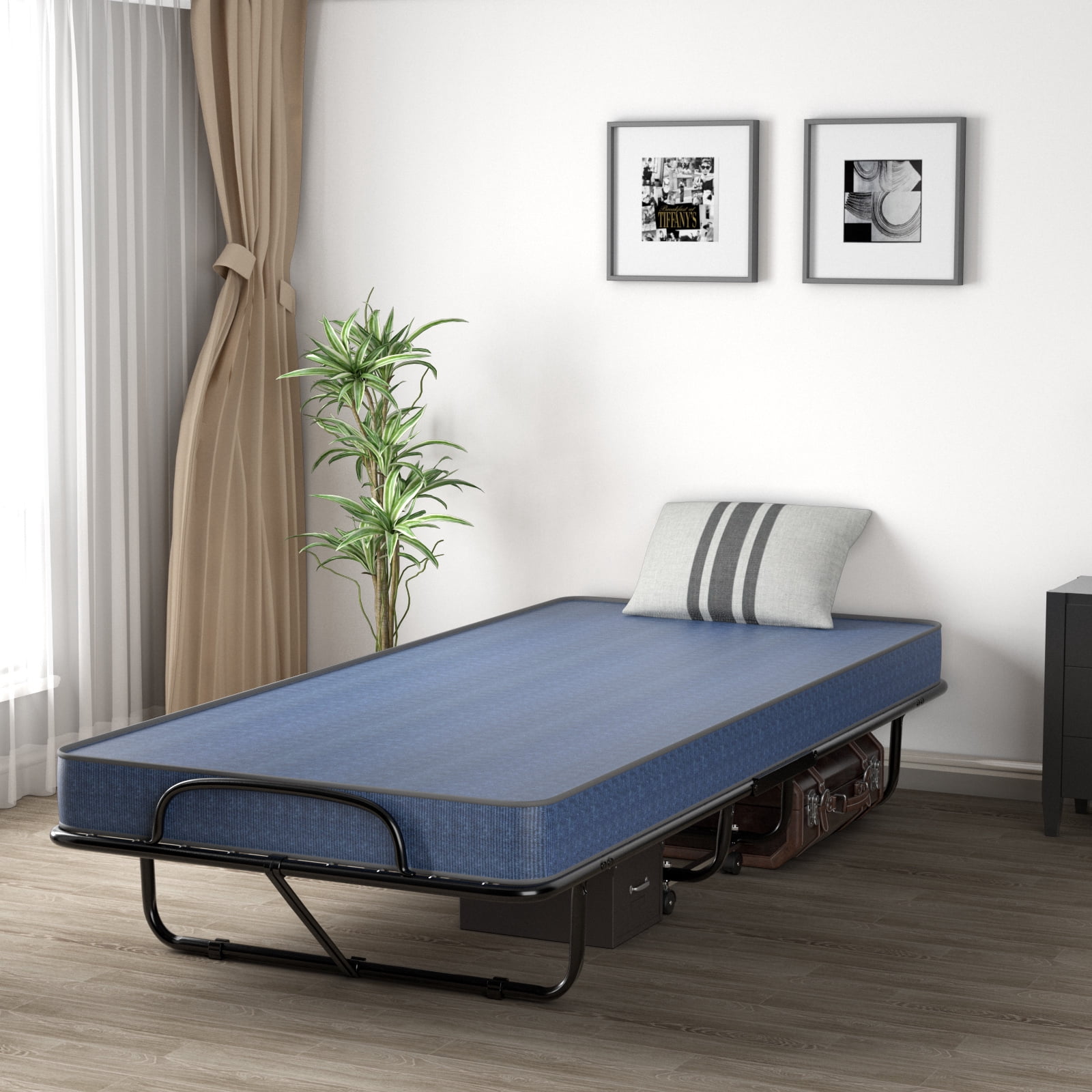 Furnibear Folding Rollaway Guest Bed with Sturdy Steel Frame Foam Mattress and Rolling Wheels for Home and Office Use, Navy