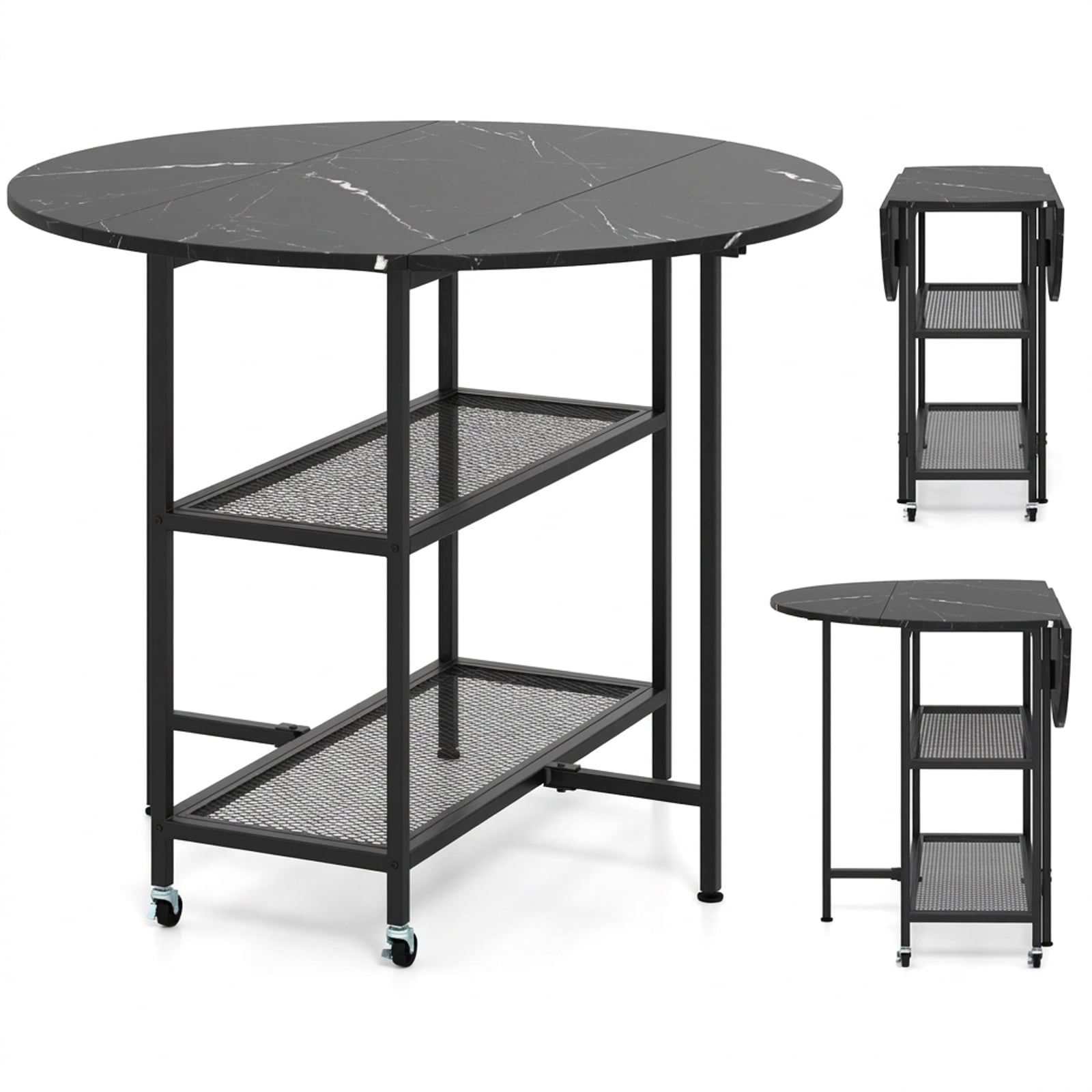 Furnibear Folding Round Dining Table with Lockable Wheels and 2 Storage Shelves and Sturdy Metal Frame for Small Spaces, Black