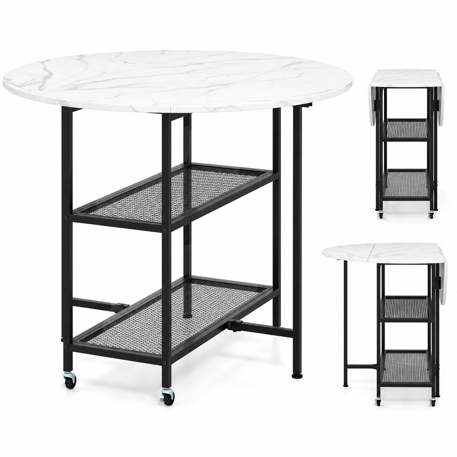 Furnibear Folding Round Dining Table with Lockable Wheels and 2 Storage Shelves and Sturdy Metal Frame for Small Spaces, White