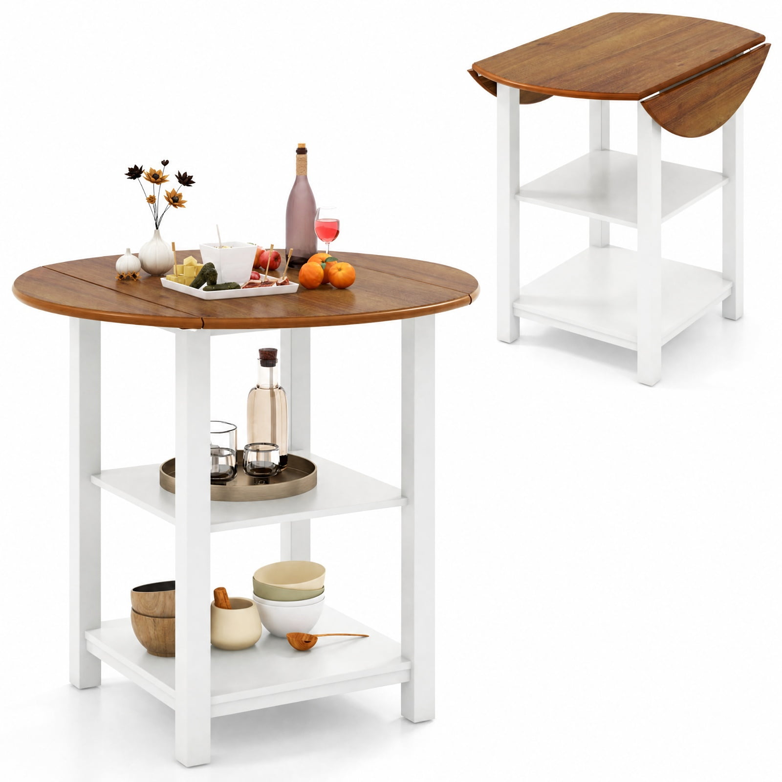 Furnibear Folding Round Drop Leaf Dining Table with 2 Storage Shelves and Solid Rubber Wood Legs for Small Spaces, White