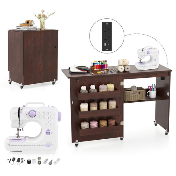 Furnibear Folding Sewing Machine Table with Charging Station Lockable Casters and 3-Tier Shelf - Brown