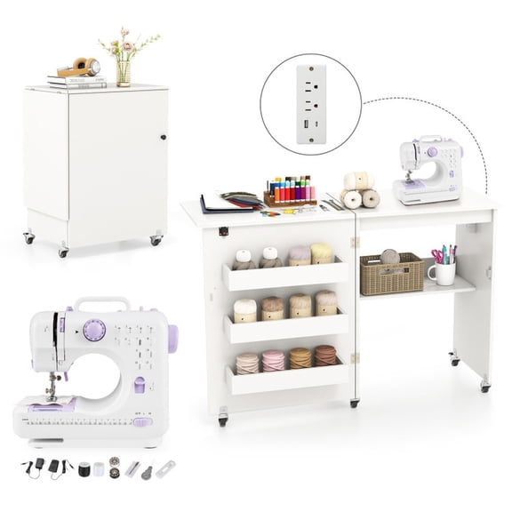 Furnibear Folding Sewing Machine Table with Charging Station Lockable Casters and 3-Tier Shelf - White