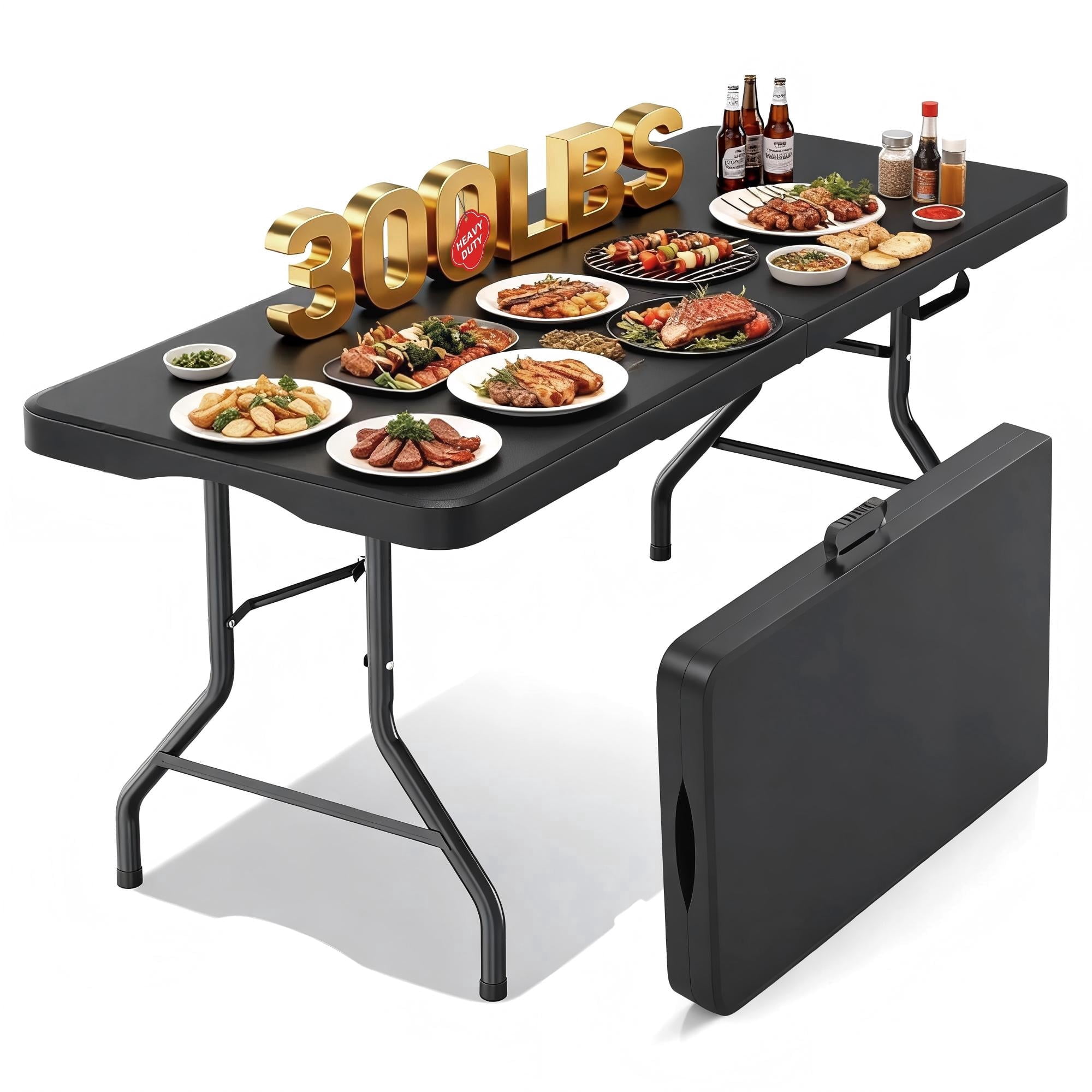 Furnibear Folding Table,6FT Portable Heavy Duty Plastic Fold-in-Half Table with Carrying Handle for Indoor Outdoor Events,Picnic,Party,Camping,BBQ,Black