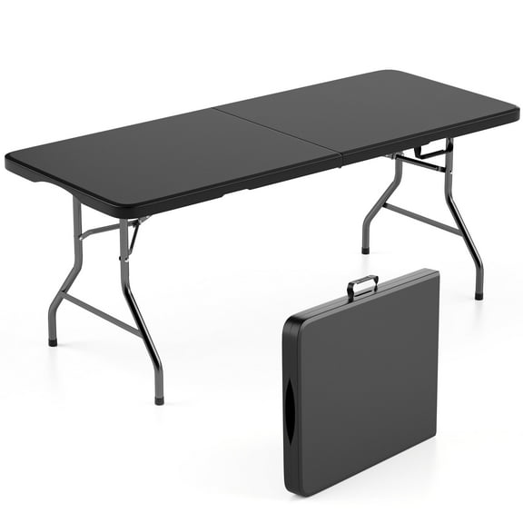 Furnibear Folding Table 6ft Portable Rectangular Indoor Outdoor Table, Fold in Half with Carry Handle, Black