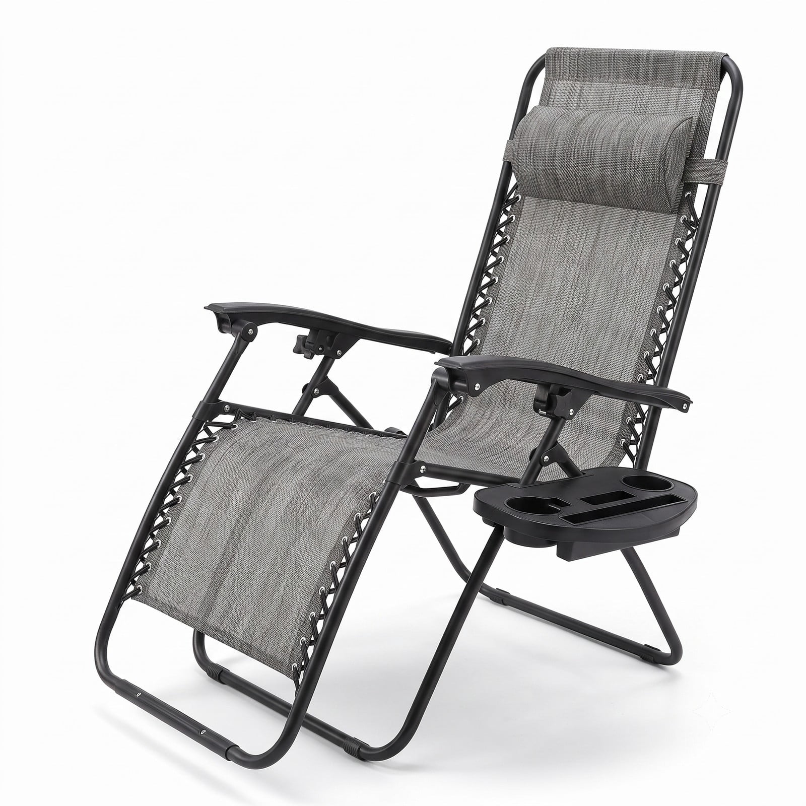 Furnibear Folding Zero Gravity Reclining Lounge Chair with Adjustable Headrest and Side Cup Holder Tray for Patio and Yard, Gray