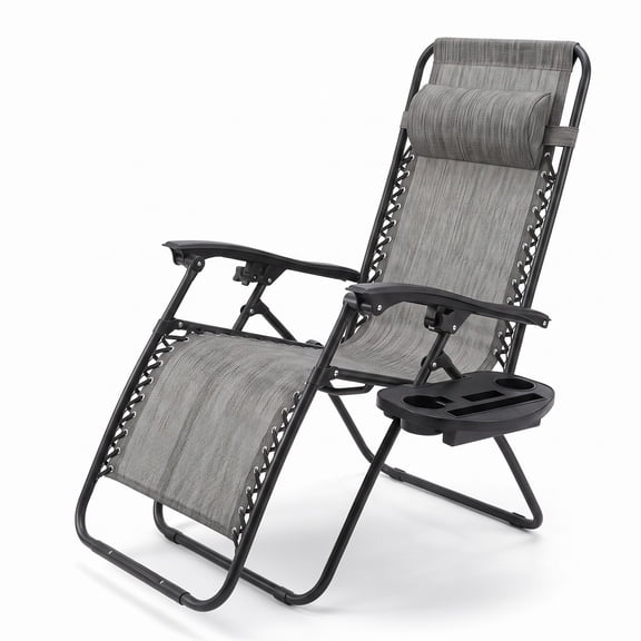 Furnibear Folding Zero Gravity Reclining Lounge Chair with Adjustable Headrest and Side Cup Holder Tray for Patio and Yard, Gray