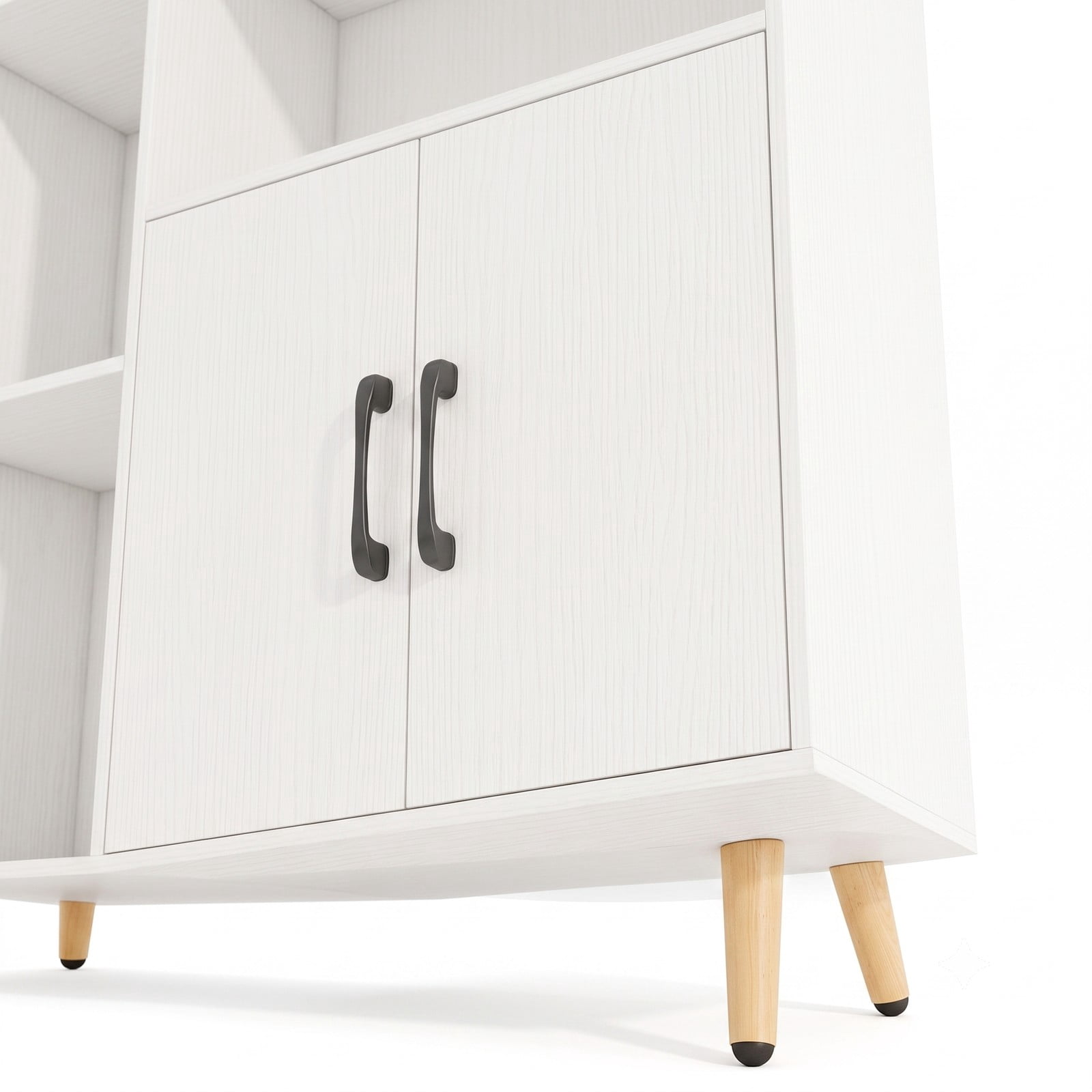 Furnibear Free Standing Pantry Cabinet with 2-Door Cabinet and 5 Open Shelves, Modern Storage Bookcase Organizer with Metal Legs for Kitchen Living Room Study, White