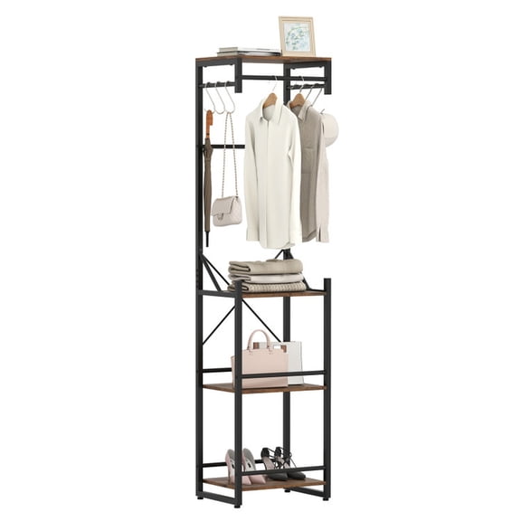 Furnibear Freestanding Coat Rack with 4 Storage Shelves and 6 Hooks, Entryway Hall Tree Organizer for Hallway Mudroom Small Space, Rustic Brown